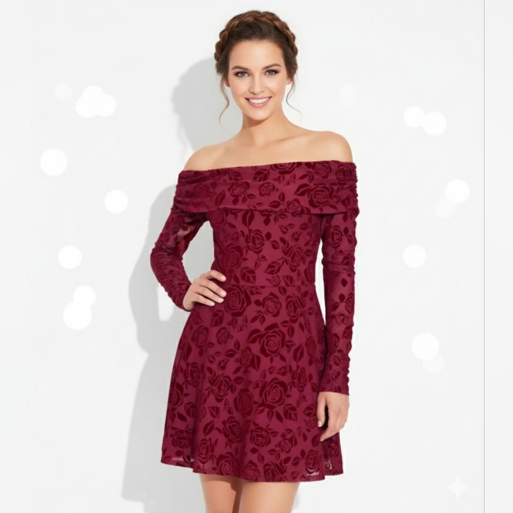 Wild Fable Winter Flocked Floral Mini Dress XXS Off Shoulder Long Sleeve